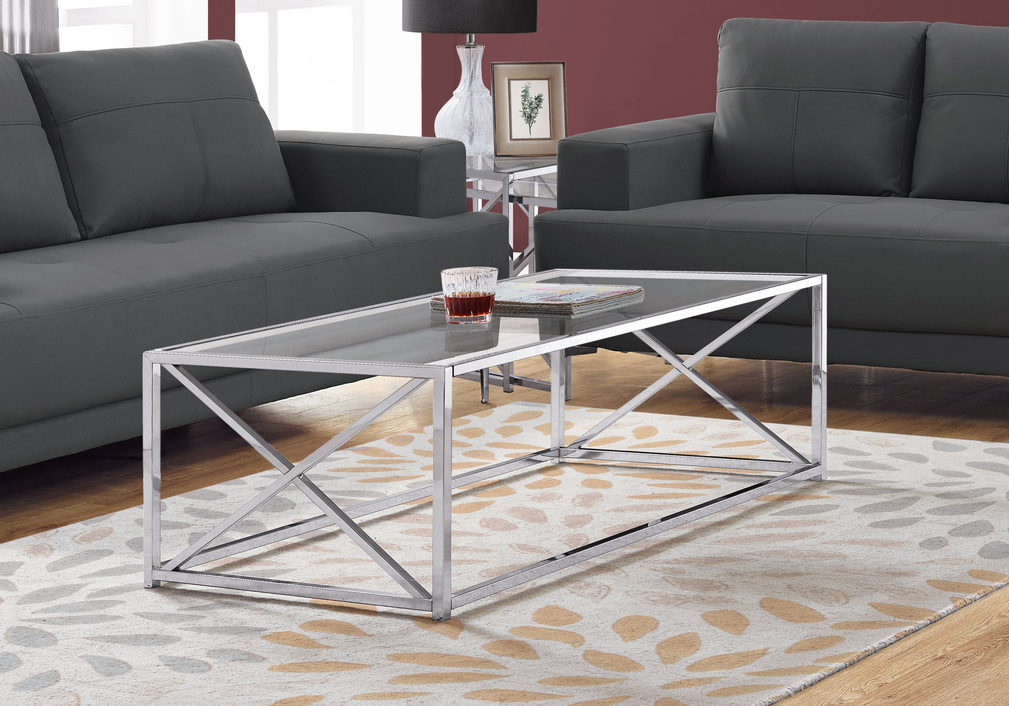 Coffee Table - 44"L / Chrome Metal w/ Tempered Glass - Monarch Specialties I-3440