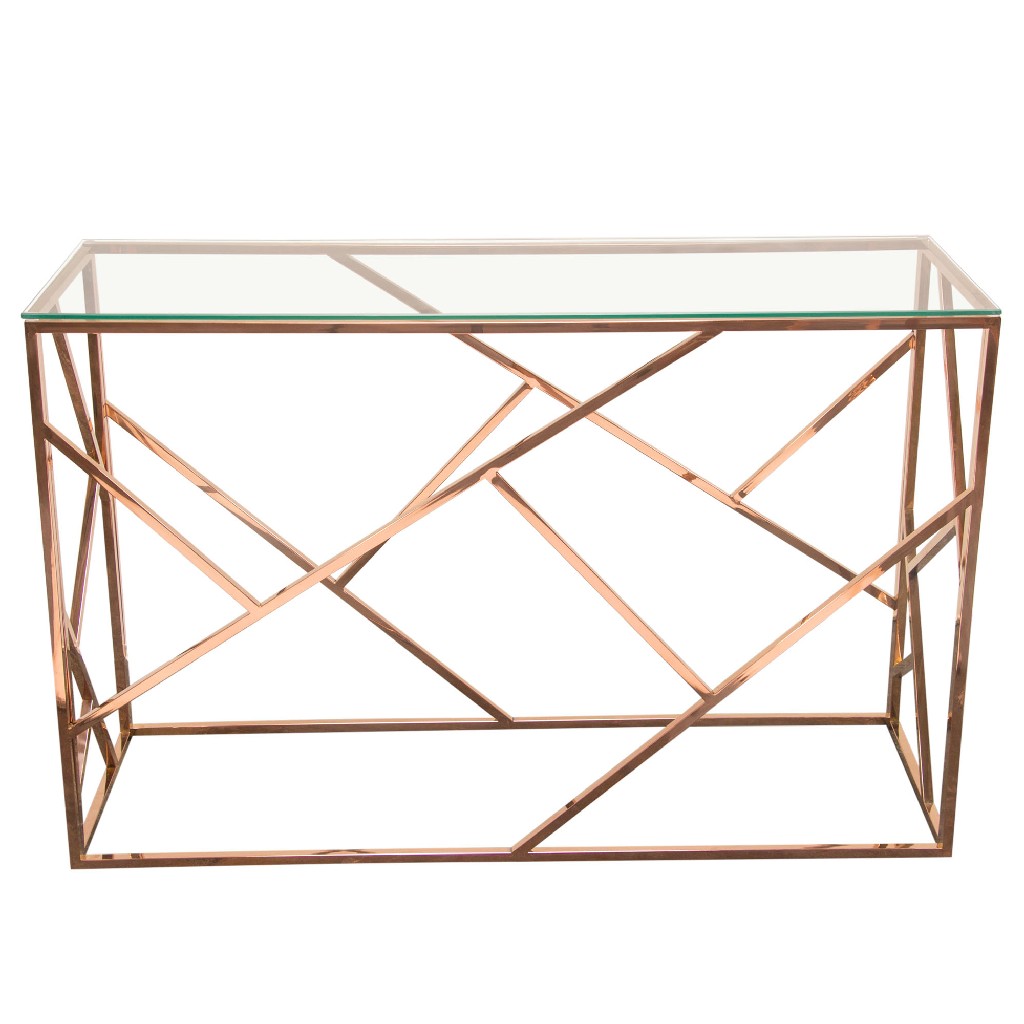 Picture of Nest Rectangular Console Table w/ Clear Tempered Glass Top and Polished Stainless Steel Base in Rose Gold Finish - Diamond Sofa NESTCSRG