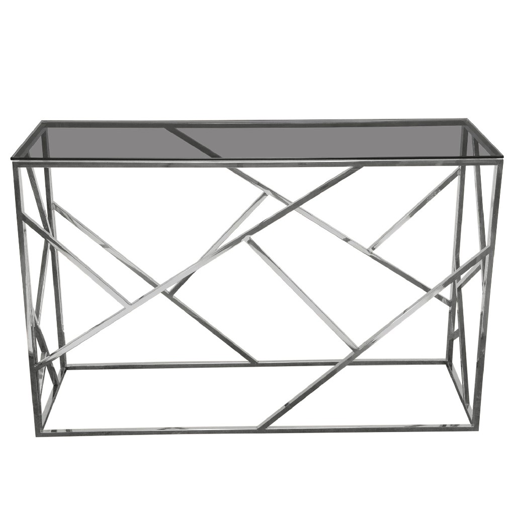 Nest Rectangular Console Table W/ Smoked Tempered Glass Top And Polished Stainless Steel Base - Diamond Sofa Nestcssl