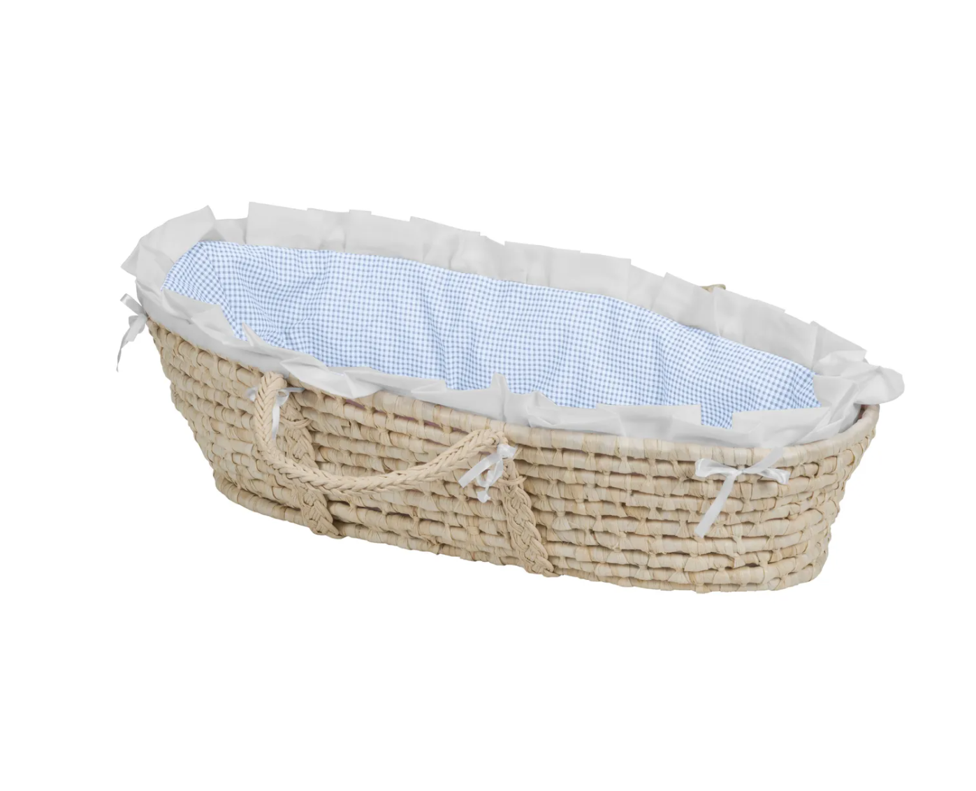 Natural Moses Basket In Blue Gingham Bedding - Badger Basket 00890