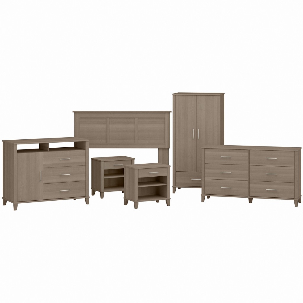 Bush Furniture Somerset 6 Piece Bedroom Set with Full/Queen Size Headboard and Storage in Ash Gray - Bush Business Furniture SET037AG