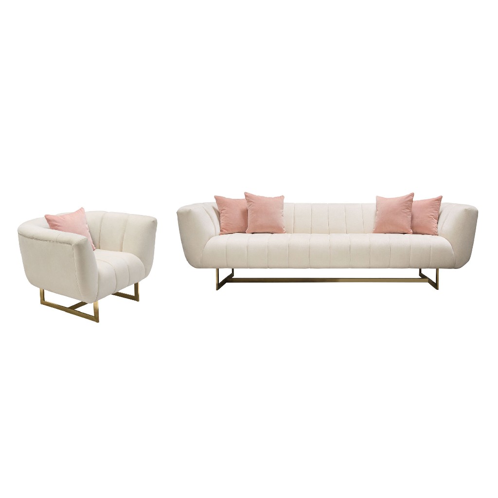 Cream Fabric Sofa Chair Set Contrasting Pillows Gold Metal Base